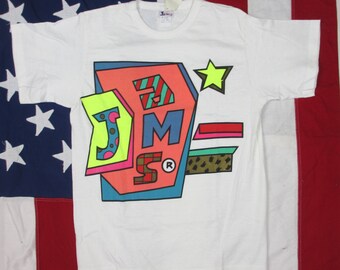Vintage 1990's "Jams" Deadstock Graphic T-Shirt Small White Highlighter Pink Blue Geometric