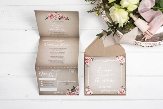 Vintage Wedding Invitation - Double-Folded Grey Floral Framed (portrait)