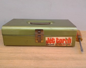 Vintage tool box - Jet Torch - green metal tool box - industrial decor - tackle box - Bernzomatic - utility box - craft storage box