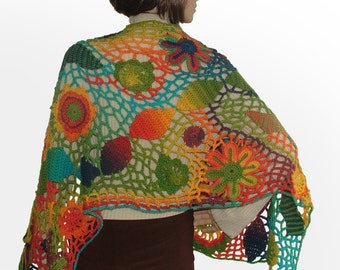 Crochet Scarf, Freeform Crochet Shawl, Wrap, Stole, Freeform Crochet, Wearable Art, Rainbow Colors