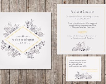 Wedding invitation flowers and feathers