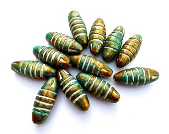 SUPPLY: 14pcs LARGE Terra Cotta Beads - Ceramic Beads - Blue Gold Handcrafted Beads - 32mm x 12mm - (9-B3-00003998)
