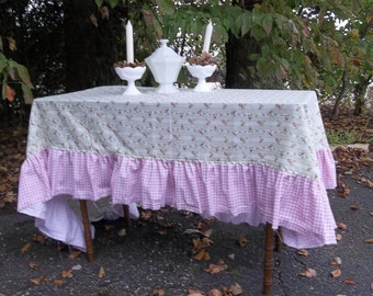 Pink Ruffled Tablecloth Handmade Pink Roses Cottage Table Cloth 56x96 Bridal Shower Decor Floral Tablecloth Wedding Decor