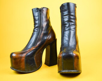 90s Buffalo Brown Black Wavy Leather Covered Platform Boots UK 6 / US 8.5 / EU 38