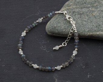 Labradorite and moonstone stacking bracelet, sterling silver beads and findings, microfaceted rondelles. June birthstone. By Lys and Rose
