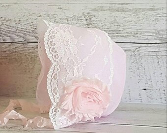 Shabby Chic Newborn Baby Bonnet, Newborn PhotoProp, Photography Prop, Baby Bonnet, Pink Bonnet, Shabby Chic, Baby Girl Bonnet, Baby Hat.