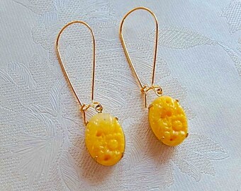 Opaque Glass Earrings, Yellow Glass, Floral Glass, Long Dangly Earrings, Gift for Her