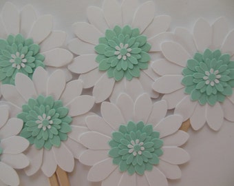 Flower Cupcake Toppers - Mint Green and White Daisies - Birthday Party Decorations - Gender Neutral Baby Showers - Bridal Showers