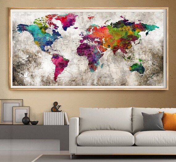 Push Pin World Map Watercolor Wall Texture Poster Print