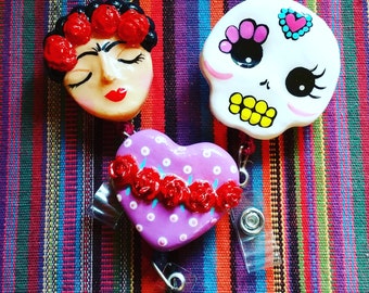Frida sugar skull or heart badge reel