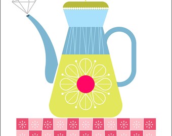 Mid century, teapot, print