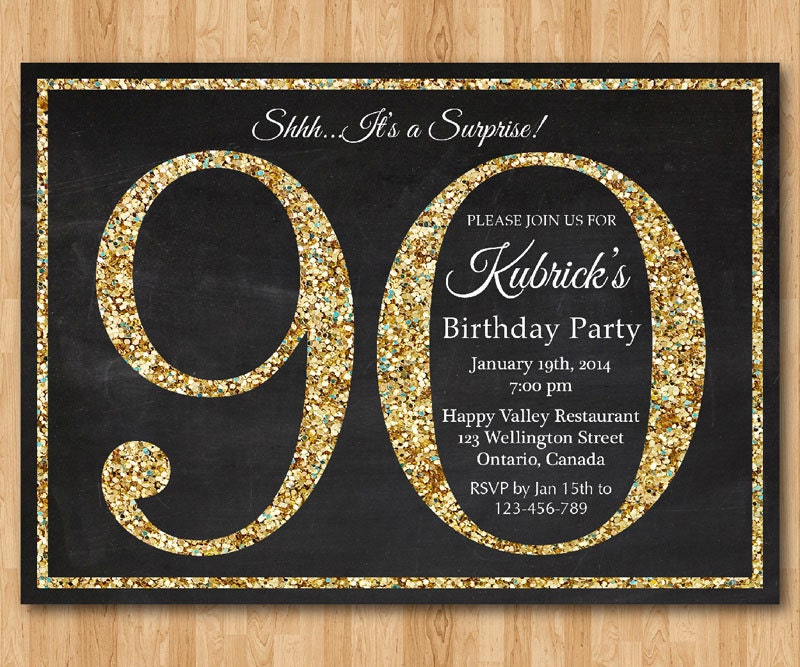 90th birthday invitation. Gold Glitter Birthday Party invite.