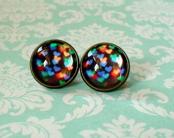 20 % OFF - Black Multicolor Heart Shape Sparkle Light Firework Cabochon Stud Earrings,Earring Post,Cute Gift Idea