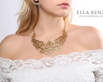 Gold Statement Necklace, Gold Bib Necklace, Gold Collar Necklace, Gold Bridal Statement Necklace, Gold Wedding Statement Necklace