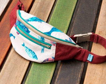 Hip Bag for Her, Belt Bag, Bum Bag, Waist Bag, Festival Bag, Gift for Her, Fishes, Red Hip Bag, Fanny pack, Blue fishes