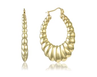 10K Yellow Gold Scalloped Hoop Earrings - Oval Shrimp Puffy Hollow Door Knocker Pair (2)