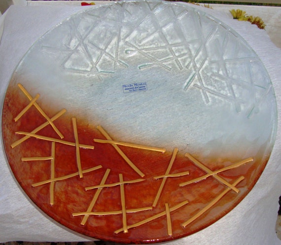 Crackeled Handmade Fused Glass Plate, Vintage Caramel & Clear Round Serving Platter, Decorative Plate, Housewarming Gift, Fused Glass Tray