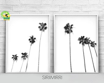 Black and White Palm Trees Print Set of 2, Palm Tree Photo Tropical Wall Art Print, California Hawaii Coastal Decor Beach Art Printable
