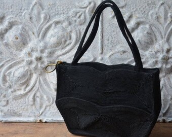 1940's Black Corde Handbag, Vintage Little Black Bag