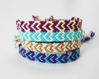 Friendship bracelet - Macramé knotted woven Boho - geometric pattern design purple teal gold white yellow