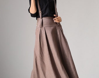 holiday skirt, brown skirt, linen skirt, spring skirt, skirt with pockets, maxi skirt, casual skirt, pleated skirt, womens skirts 1033