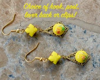 Upcycled Vintage Earrings, Reclaimed Assemblage, Pierced, Gold, Yellow, Opaque Glass, Hook Post, Choice, Jennifer Jones, OOAK - Sunshine