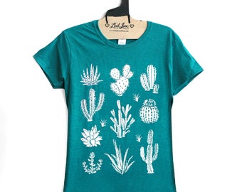 Large - Bright Teal Tri-Blend Tee with Cactus Screen Print