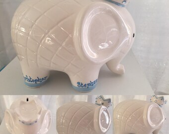 NEW Personalized LUCKY Large White and Blue Elephant Crown Piggy Bank Newborns , Birthday, Boys, Ring Bearer,Baby Shower Gift Centerpiece
