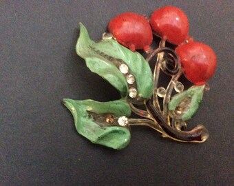 Vintage Celluloid Pin with Cherries & Leaves with Rhinestones
