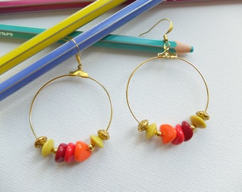 Hoop earrings golden yellow, Orange and red beads