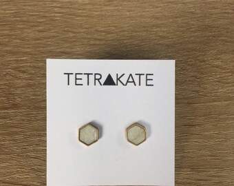 Shimmer White and Raw Brass Hexagon Stud Earrings | Shimmer White and Brass Stud Earrings | Hexagon Stud Earrings | Geometric Stud Earrings
