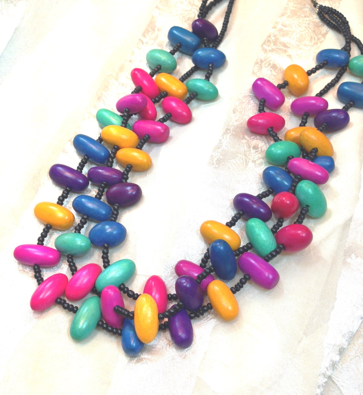 Vintage Wooden Bead Necklace Multicolor Multistrand Estate