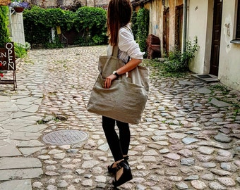 Linen shopping bag, natural linen tote bag, big tote bag, burlap bag, big shopping bag, linen bag, beach bag, rustic tote bag with pockets