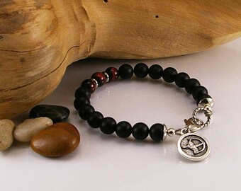 Men zodiac gemstone bracelet with matte black onyx and red tigereye with zodiac sign, gemstone bracelet, bracelet, men bracelet, men jewelry