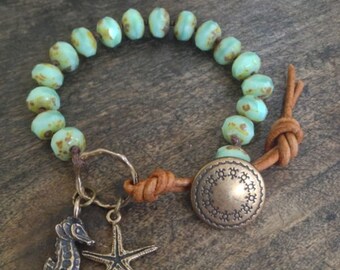 Beach Bracelet, Sea Horse Bracelet, Starfish Bracelet, Boho Wrap Bracelet, Leather Wrap, Ocean Inspired Jewelry, Two Silver Sisters
