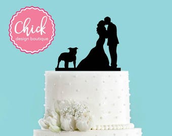 Couple Kissing with Pit Bull Dog Acrylic Wedding Cake Topper