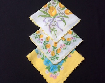 Three Yellow Floral Handkerchiefs, Flower Hankerchiefs, 1950's Hankie, Cotton Hanky