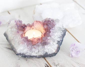 Amethyst candleholder. T-light holder. Boho Home Decor. Meditation. Crystal Quartz. Bohemian homewares.