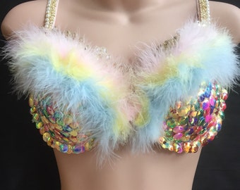 Designer Holographic sequin fluffy Unicorn rave Bra 34b Clubwear EDC Party