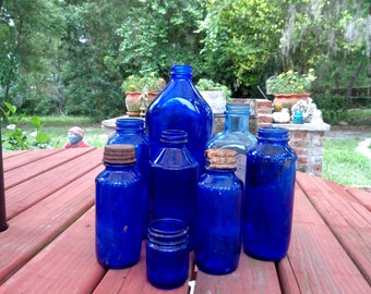 Antique Vintage Cobalt Blue Pharmacy/Drug Bottles Lot of Seven (7), Maryland Glass Company, Bromo Seltzer, Milk of Magnesia