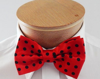 Mens Bowtie Red With Black Dots Banded PreTied Bow TIe Neck Tie