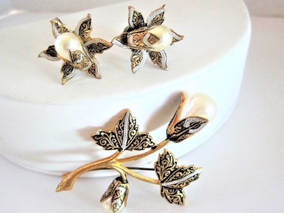 Damascene Brooch Earrings, Pearl Enhanced, Signed Spain, Gold Tone Pin