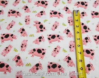 Farm Life Pink Pigs w Black Spots on White BY YARDS Henry Glass Cotton Fabric