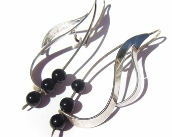 Modernist Sterling Silver Earrings with Black Beads, Vintage Jewelry, Drop Earrings, Dangle Earrings