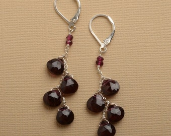 Garnet Earrings, January Birthstone Earrings, Long Dangle Gemstone Earrings, Dark Red Gemstone Earrings