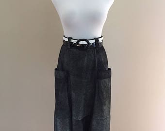 Late 70s-Early 80s Vintage Rose Bertin Shaded Charcoal Leather Skirt With Silver Metallic Specks/Made in Italy
