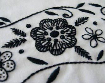 Black Jacobean floral hand embroidered border pillowcase pair, standard size, cotton and polyester blend, white cases