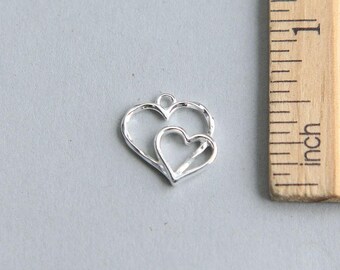 Heart Charm, Double Heart Charm, 925 Sterling Silver Charm, Heart Charm, Sterling Silver Heart Charm, Silver Heart Charm, 14mm ( 1 piece )