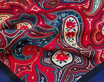 Vintage Paisley Print Scarf Red Blue Print Rolled Hem