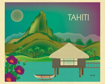 Tahiti Skyline Art Print, Tahiti Travel Wall Art, Tahiti horizontal art print, Tahiti bon voyage gift, Tahiti Poster Art - style E8-O-TAH